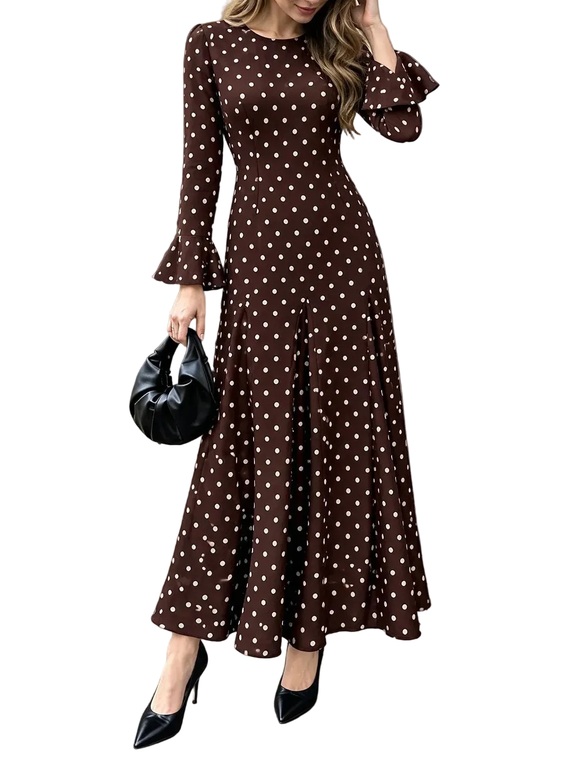 Coffee brown polka dot long sleeve maxi dress with flared skirt and round neckline