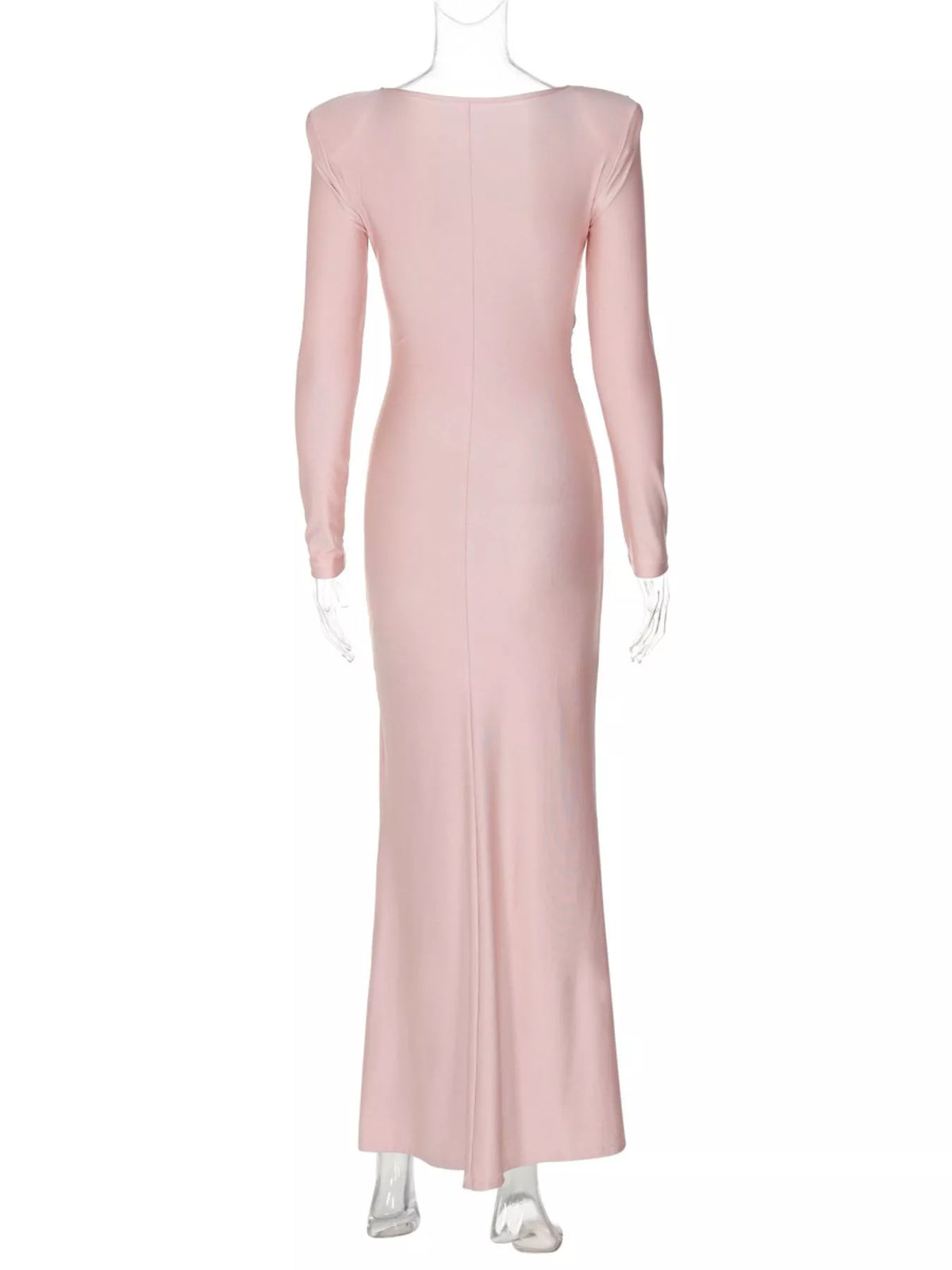 Pink twisted long-sleeve maxi dress with straight neckline and smooth fitted skirt