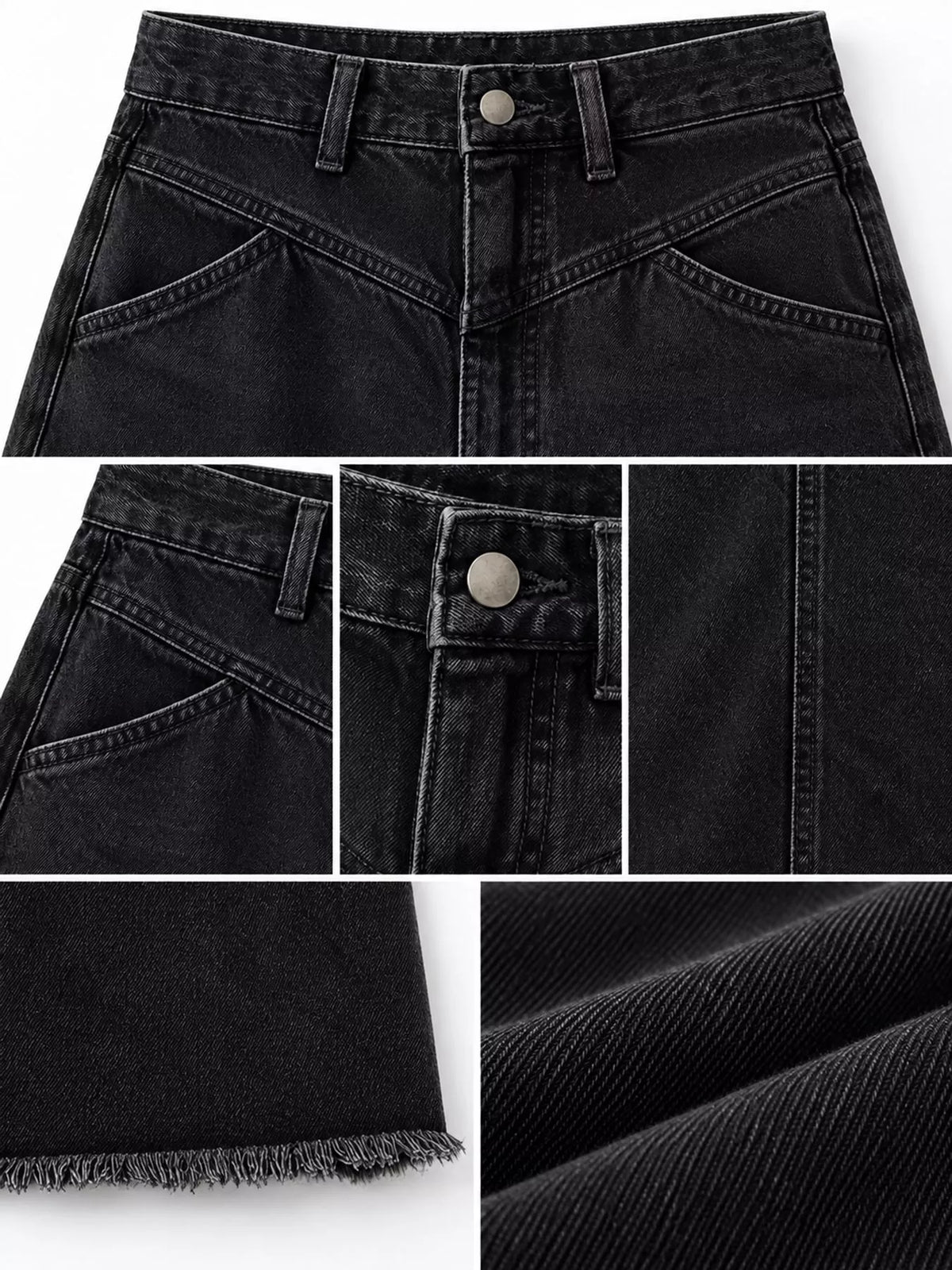 Black denim maxi skirt details: waistband, pockets, raw hem, and denim texture