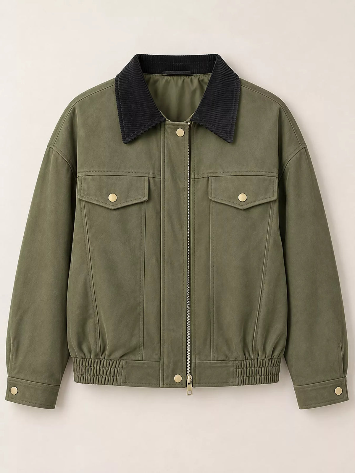 Army green front zip jacket with dark snap collar, chest pockets, and ribbed cuffs