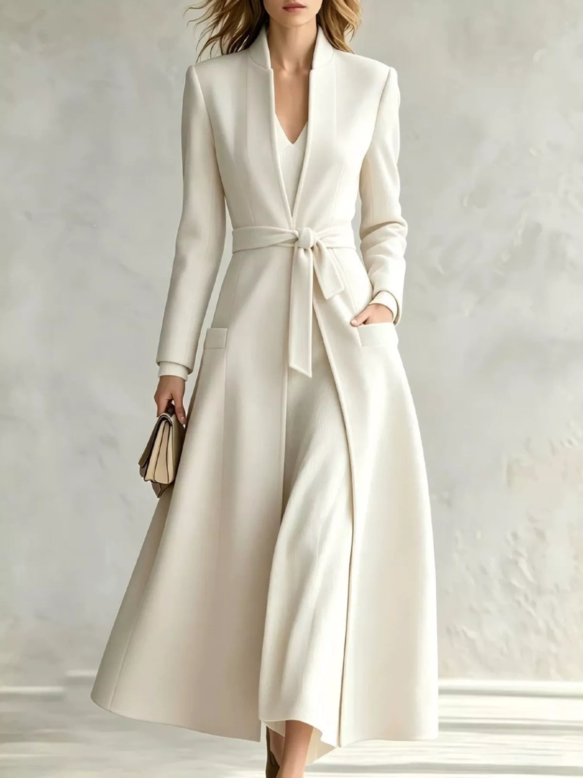 White tie-waist long sleeve coat with self-tie belt and patch pocket