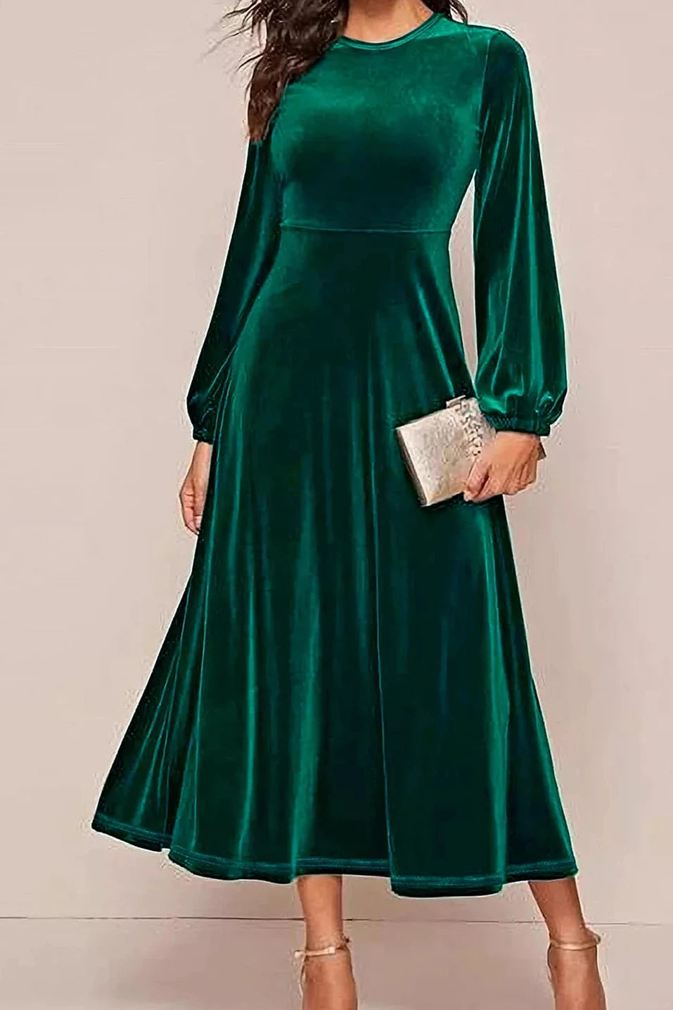 Dark green velvet maxi dress, balloon sleeves, flowing gathered skirt