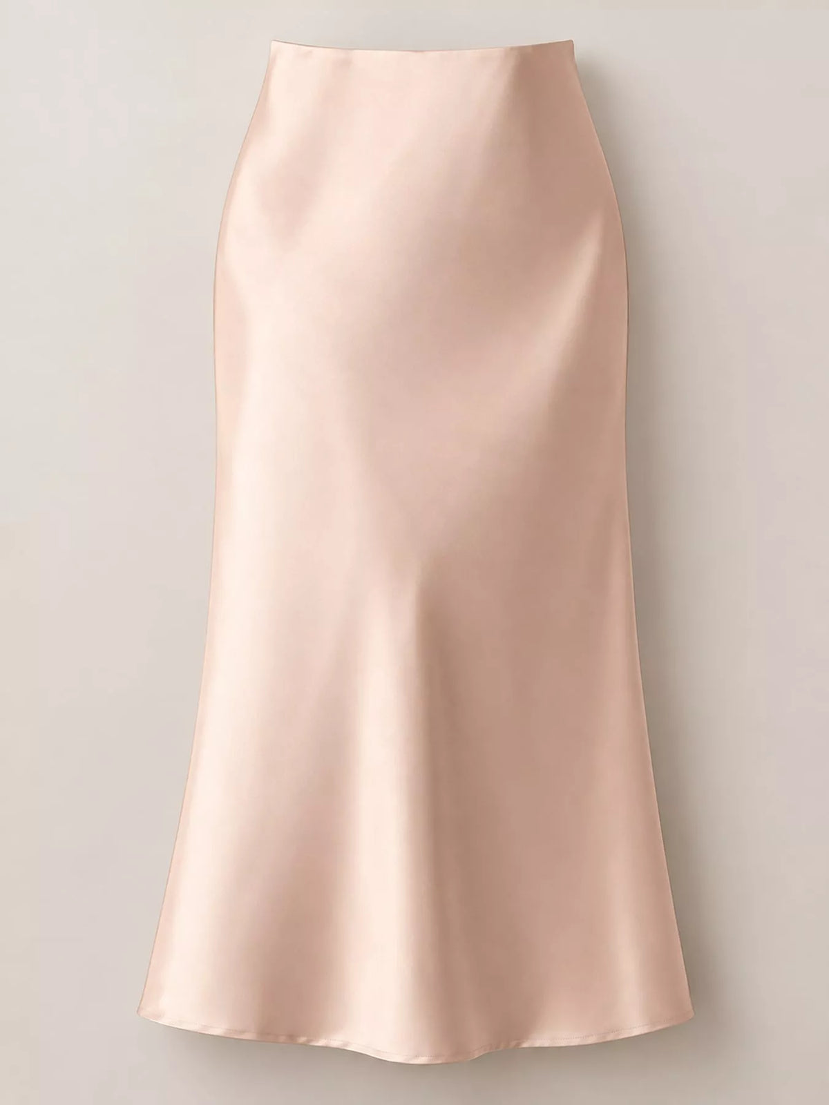 High-waisted satin midi skirt in nude, sleek fabric with gentle flare at hem