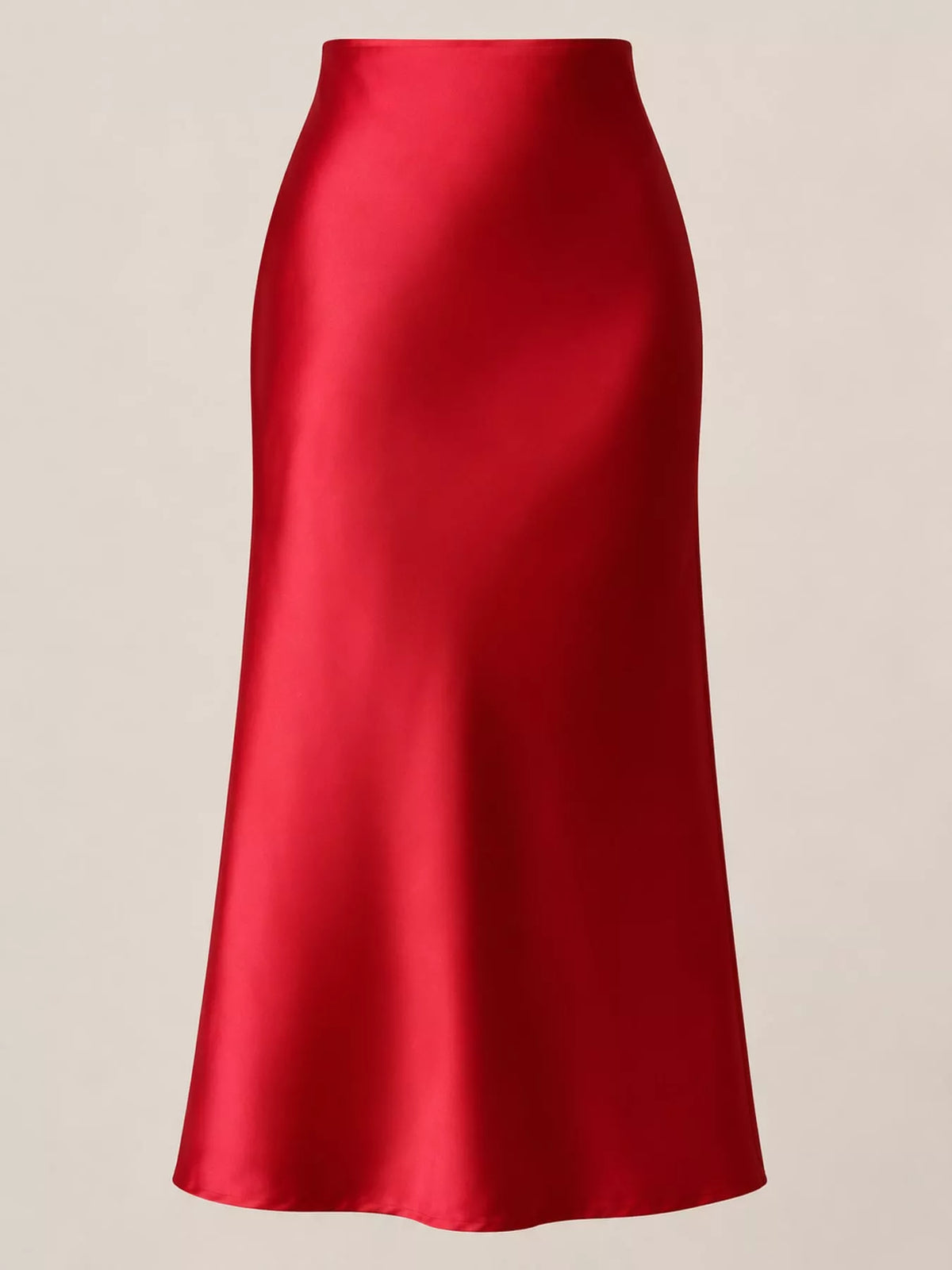 High-waisted satin midi skirt in bright red with smooth drape and straight hem