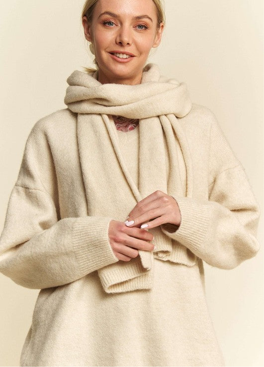 Davi & Dani V-Neck Dropped Shoulder Sweater with Scarf