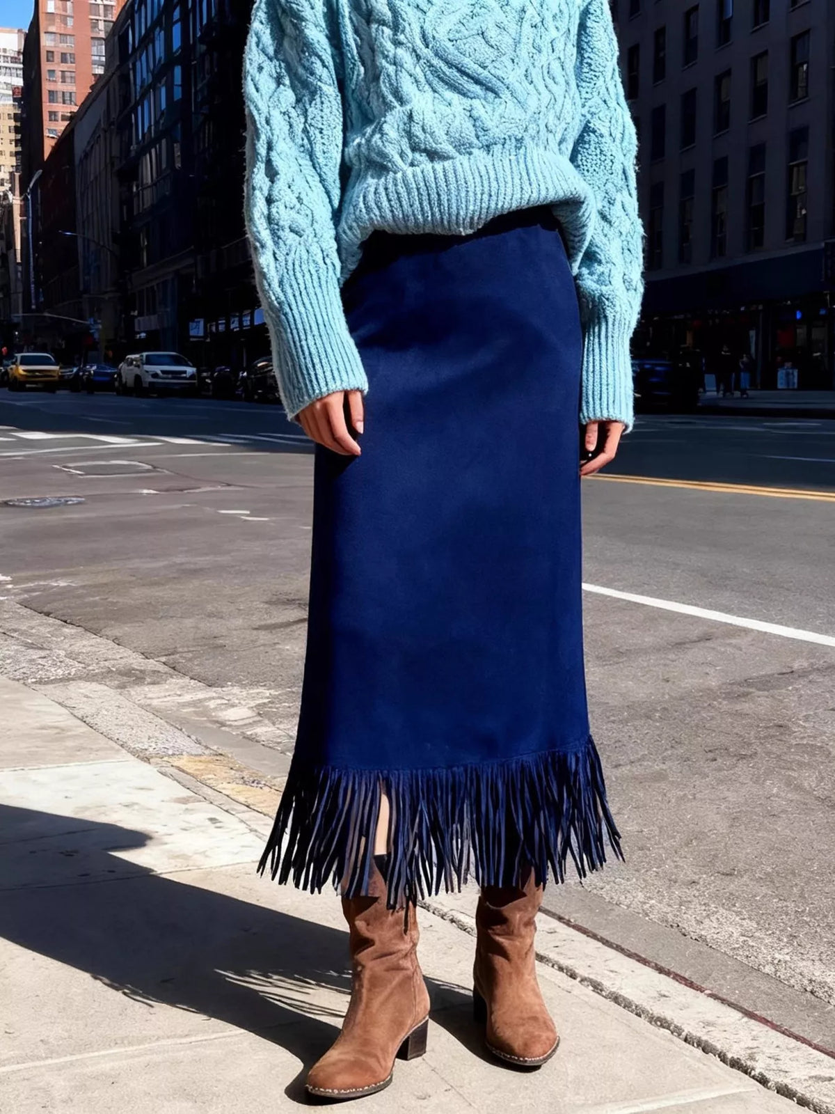 High-waisted suede midi skirt, dark blue suede with long fringe hem
