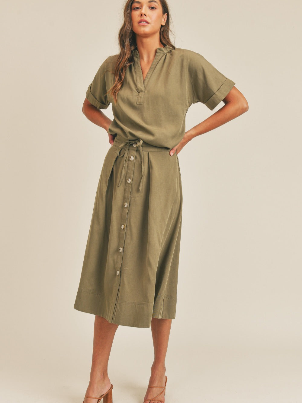 MABLE Short Sleeve Top and Button Down Midi Skirt Set