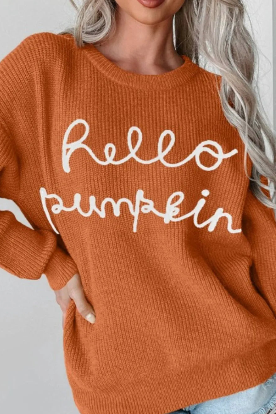 Terracotta crewneck sweater with long sleeves and 'Hello pumpkin' letter graphic
