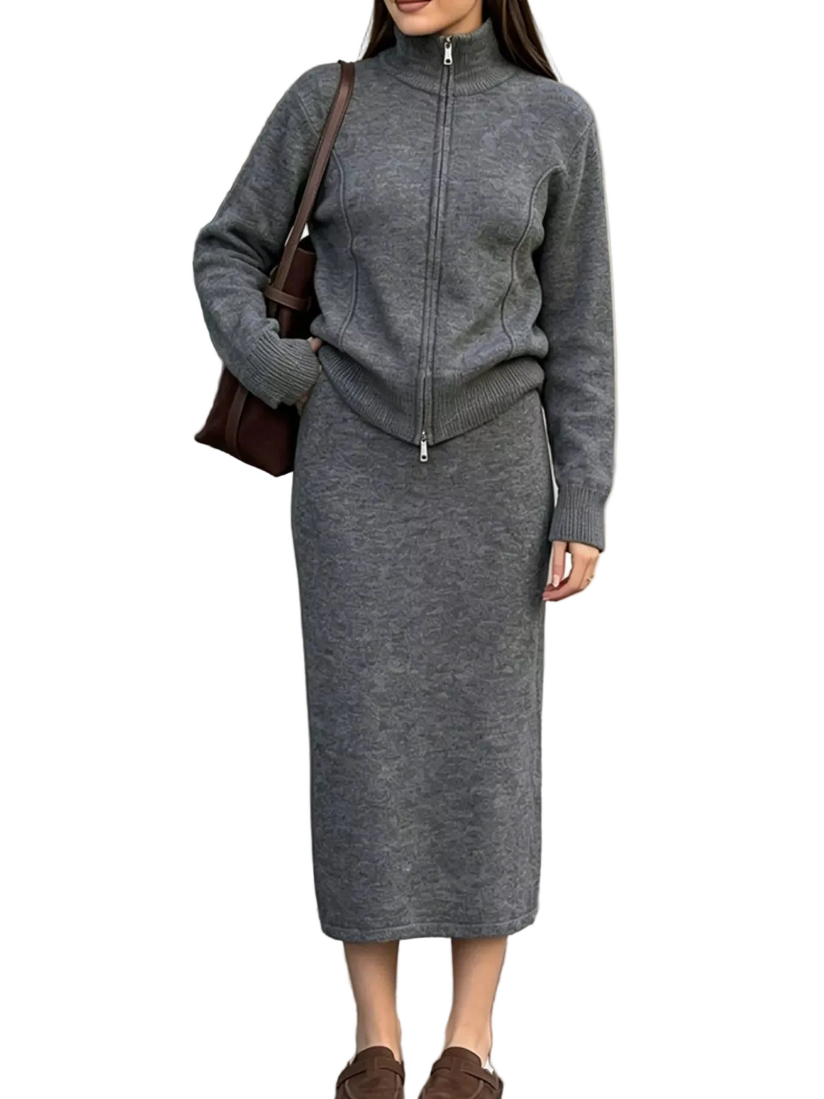 Dark gray sweater set with a zip-up mock neck cardigan and matching midi skirt