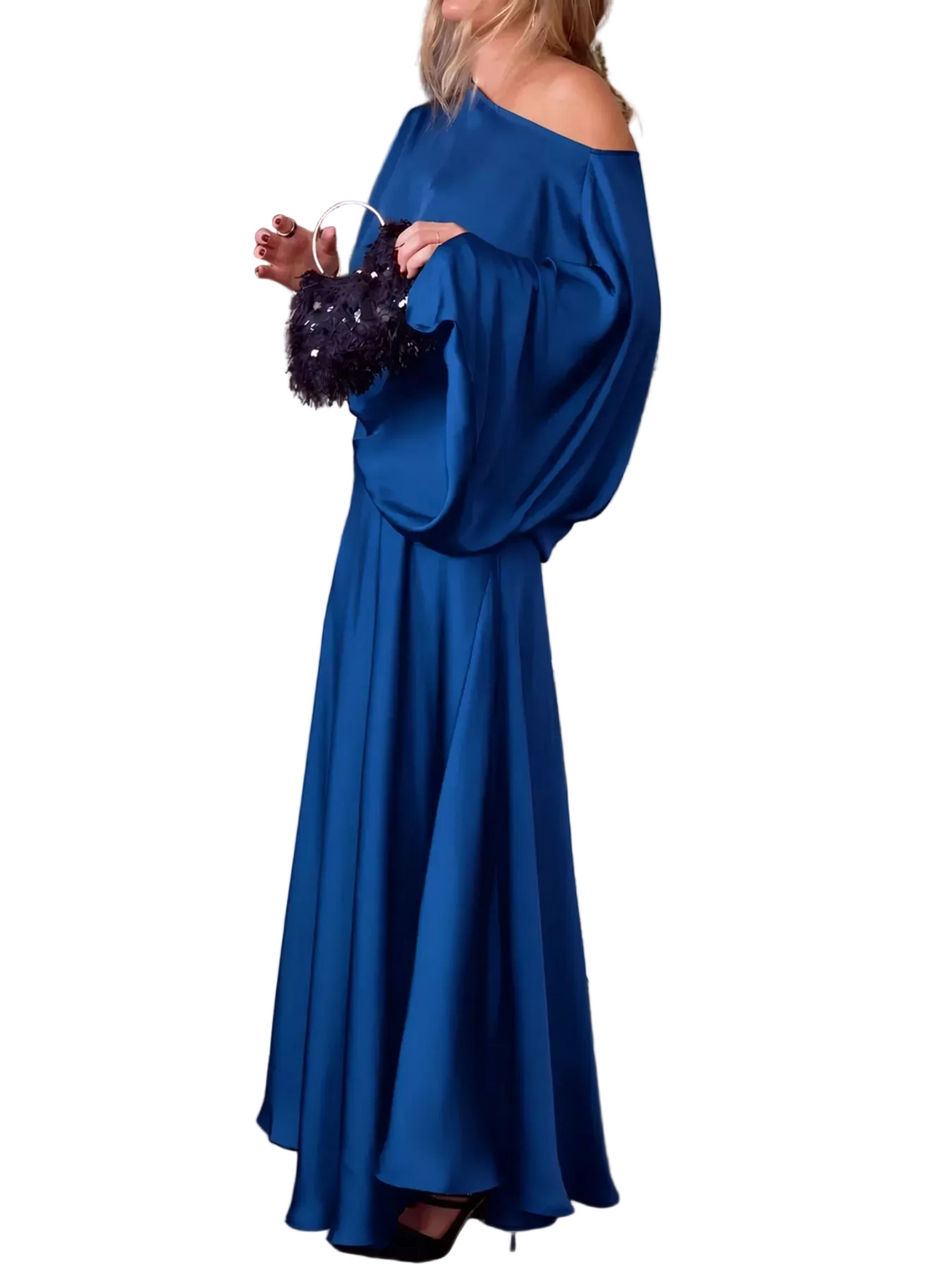Blue satin maxi dress with draped cape sleeves and gathered waist