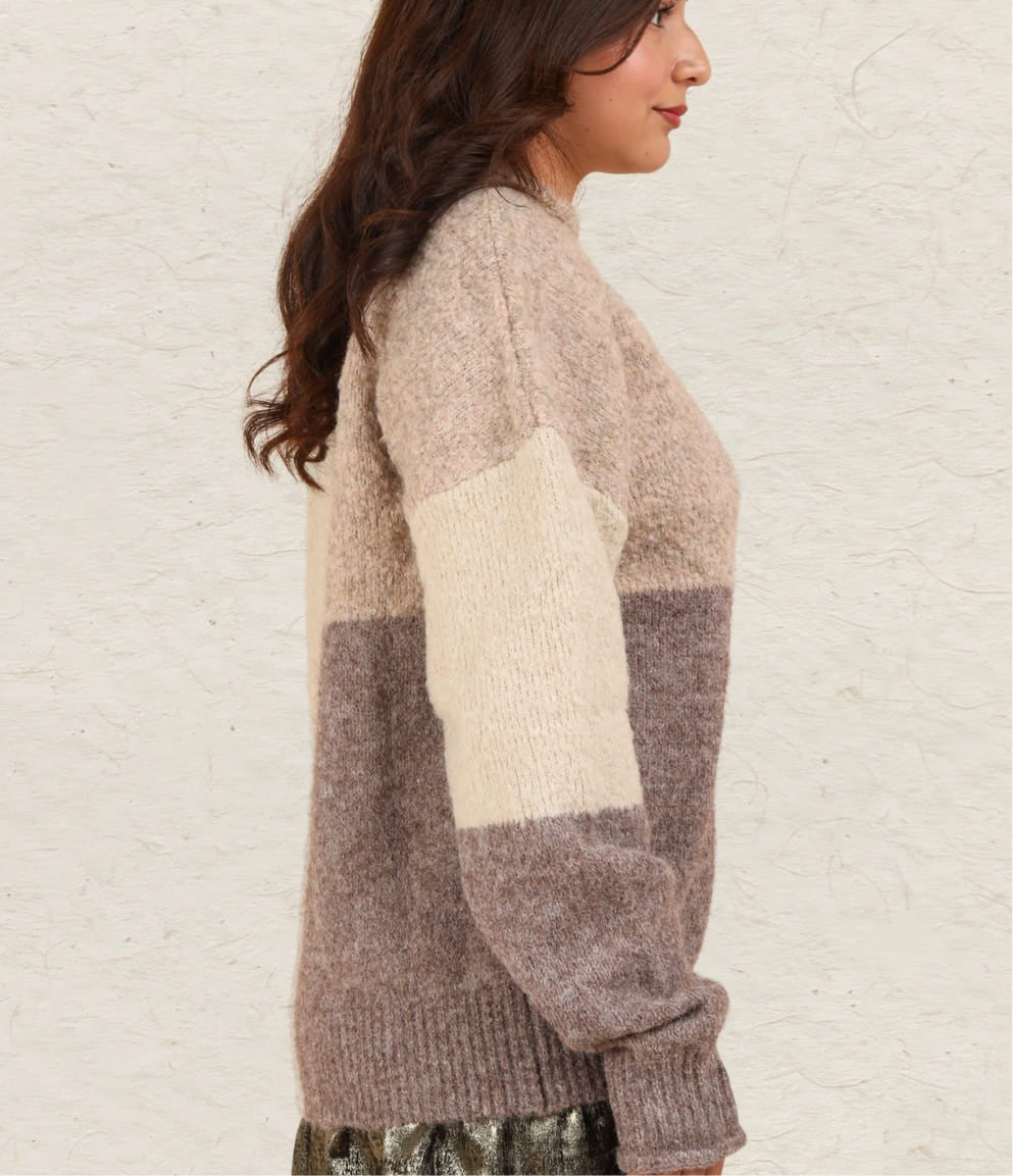 VERY J Color Block Mock Neck Drop Shoulder Sweater