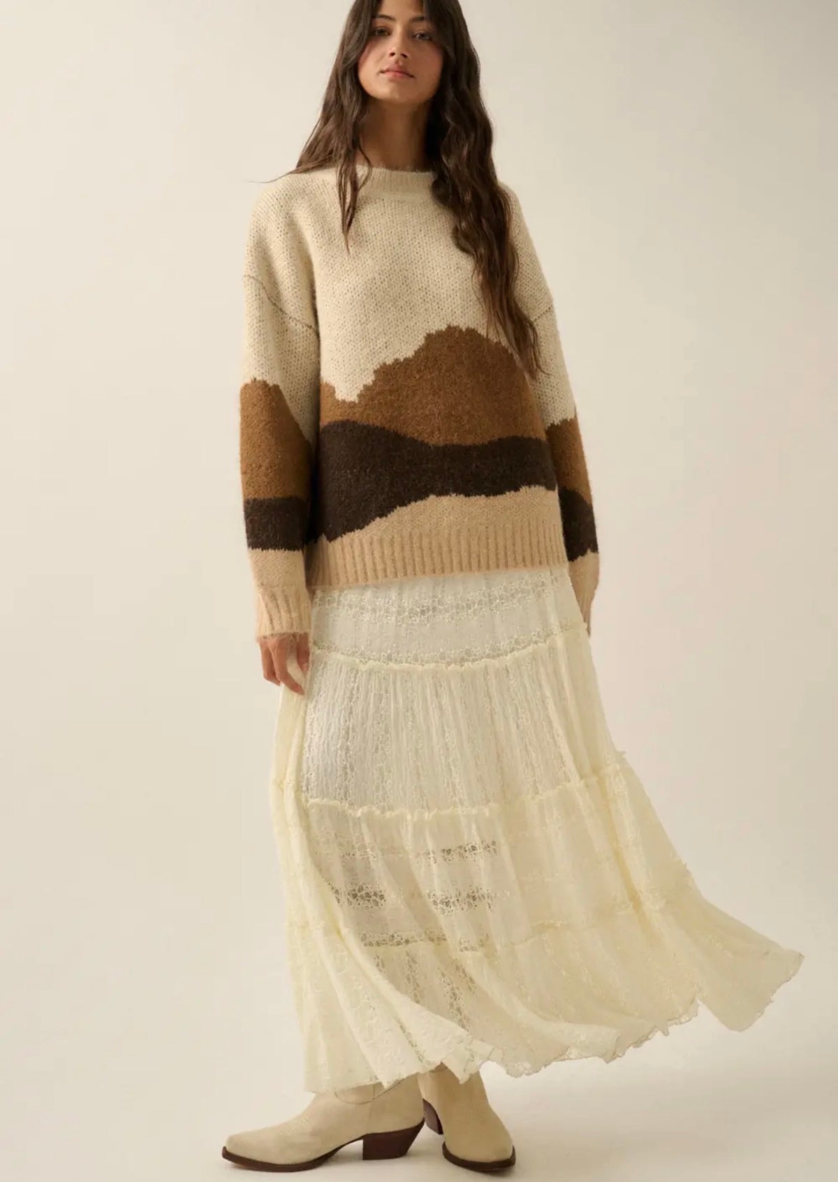 Women’s fuzzy crewneck sweater, cream with brown landscape pattern and ribbed hem