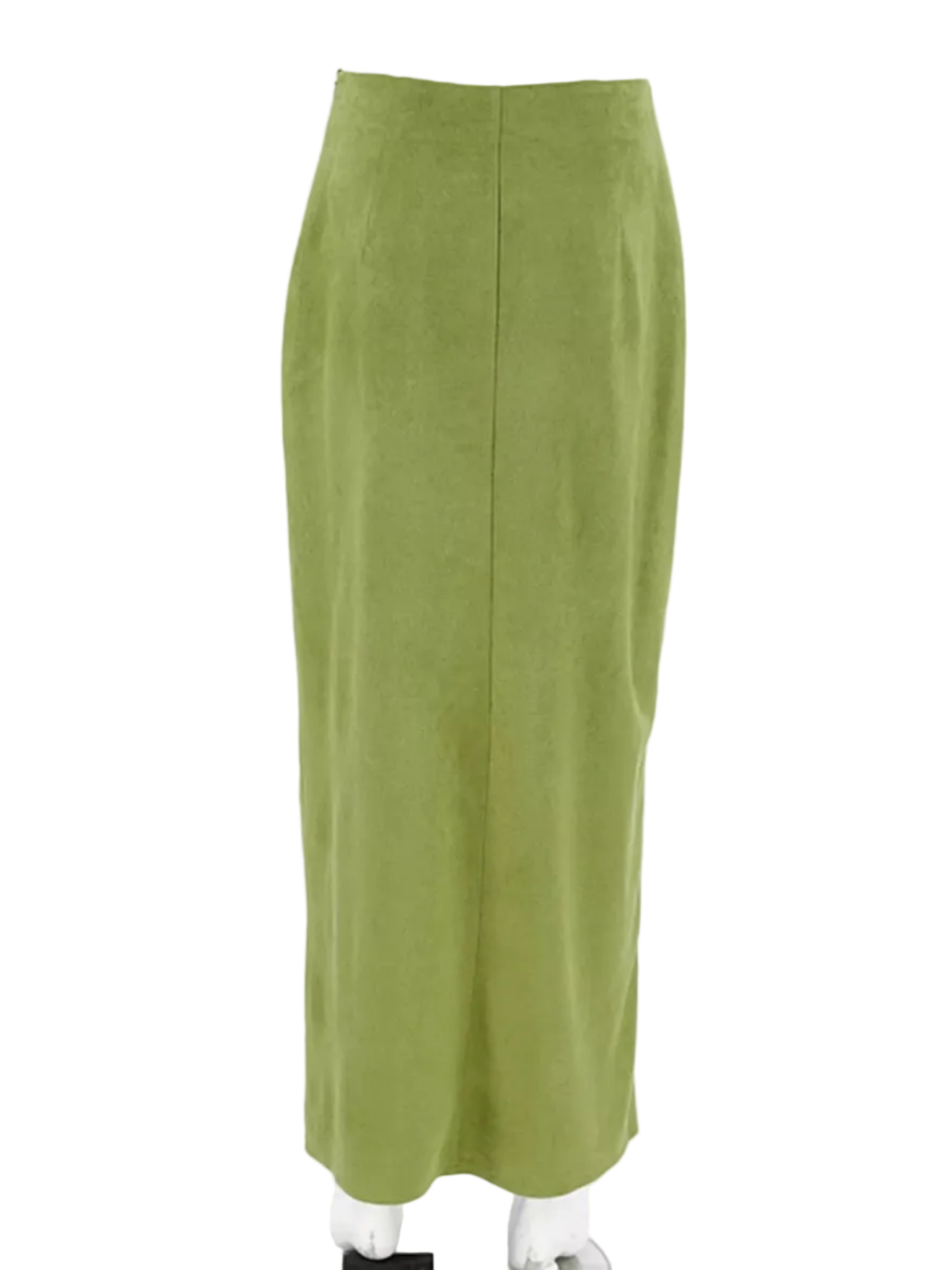 Matcha green midi skirt shown from the back, with a center seam.