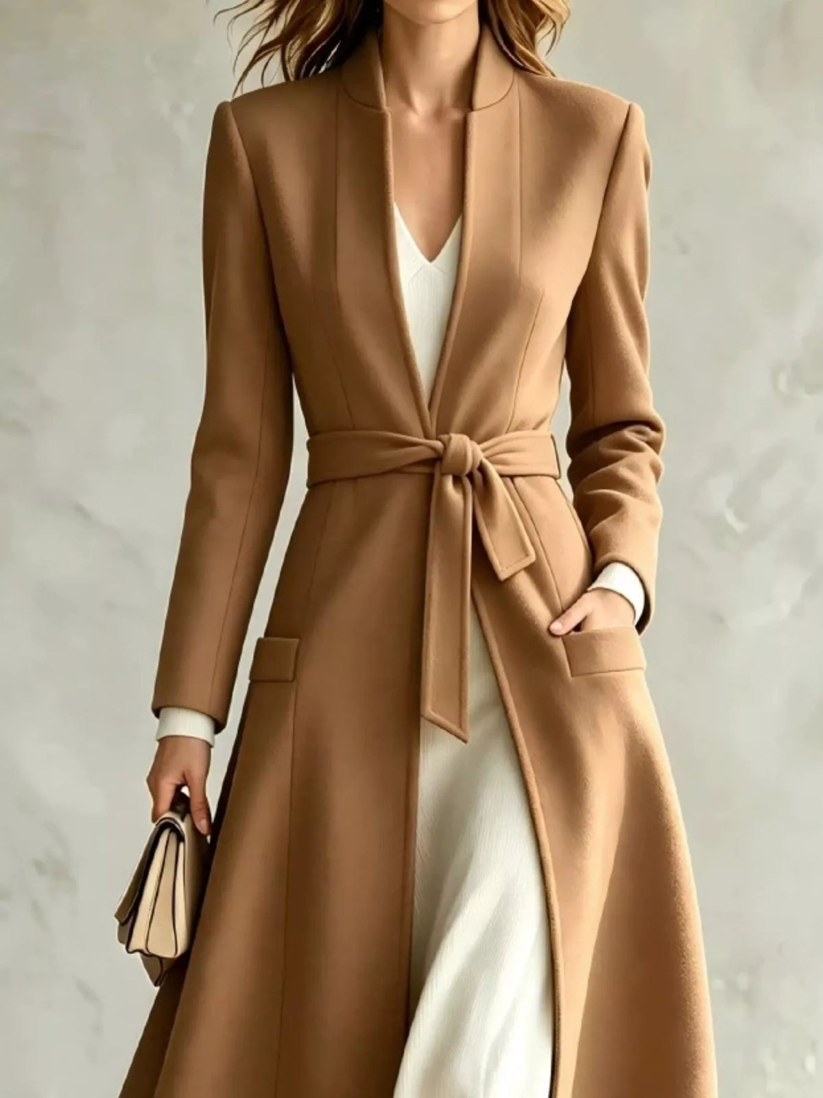 Khaki long sleeve tie-waist coat with V-neck and front self-tie belt