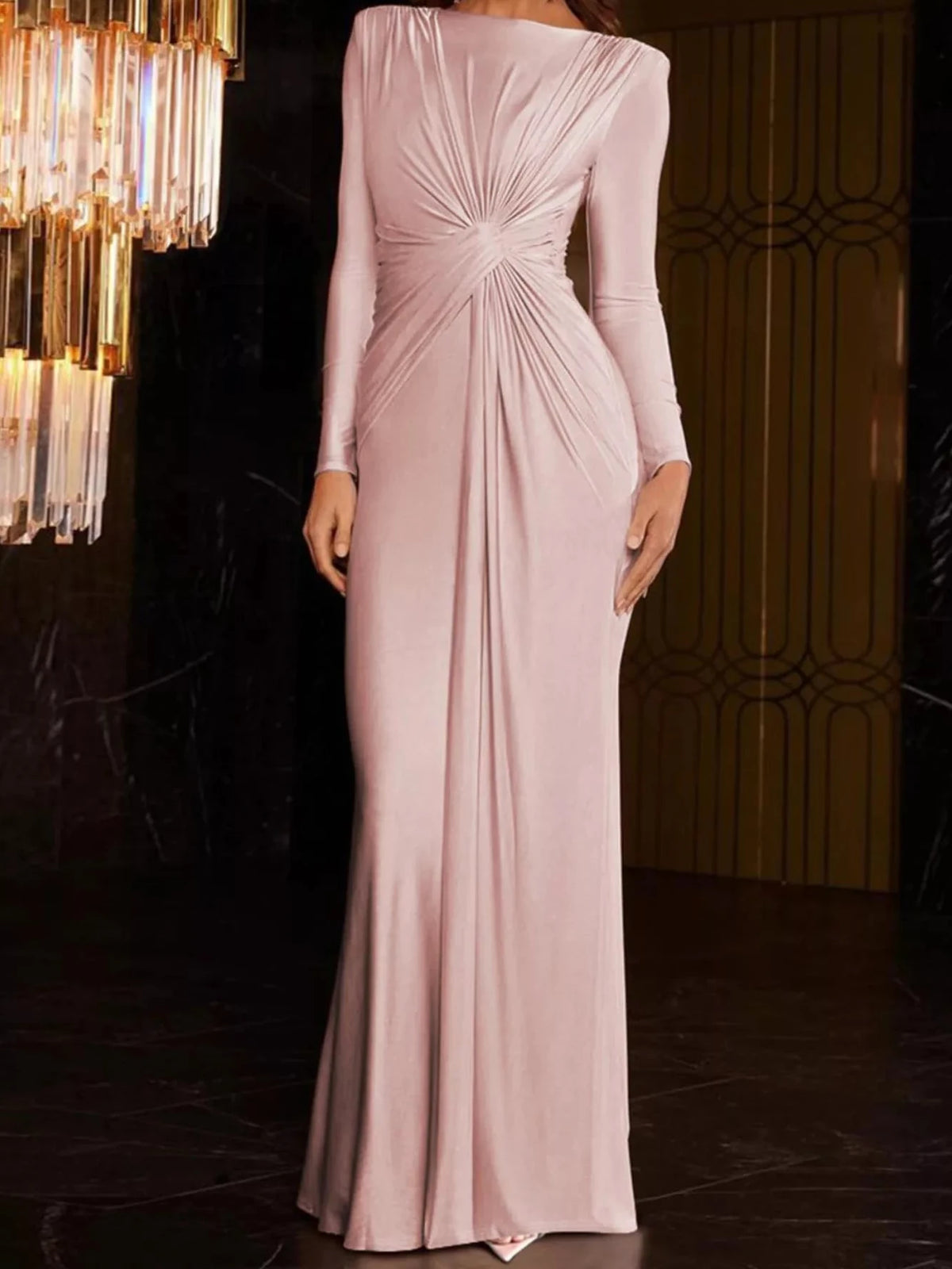 Pink twisted long-sleeve maxi dress with gathered knot at the back and column silhouette