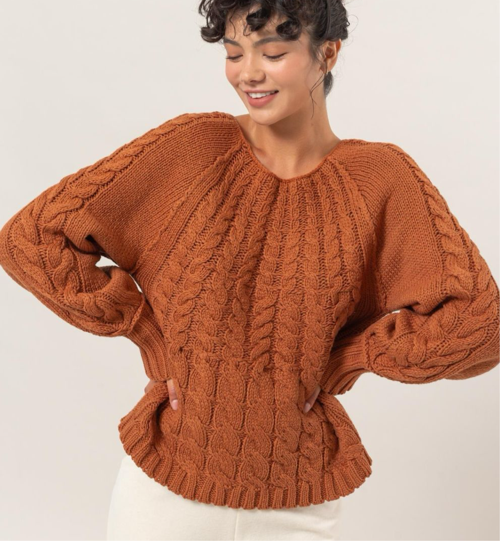 HYFVE Cable-Knit Round Neck Raglan Sleeve Sweater