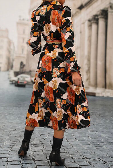 Printed Half Button Tie-Waist Pleated Dress