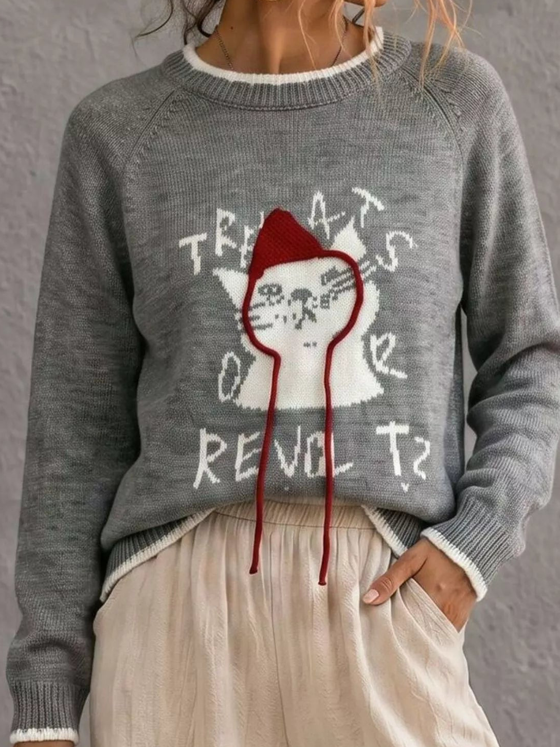 Gray raglan sleeve sweater with cat face graphic and red detail