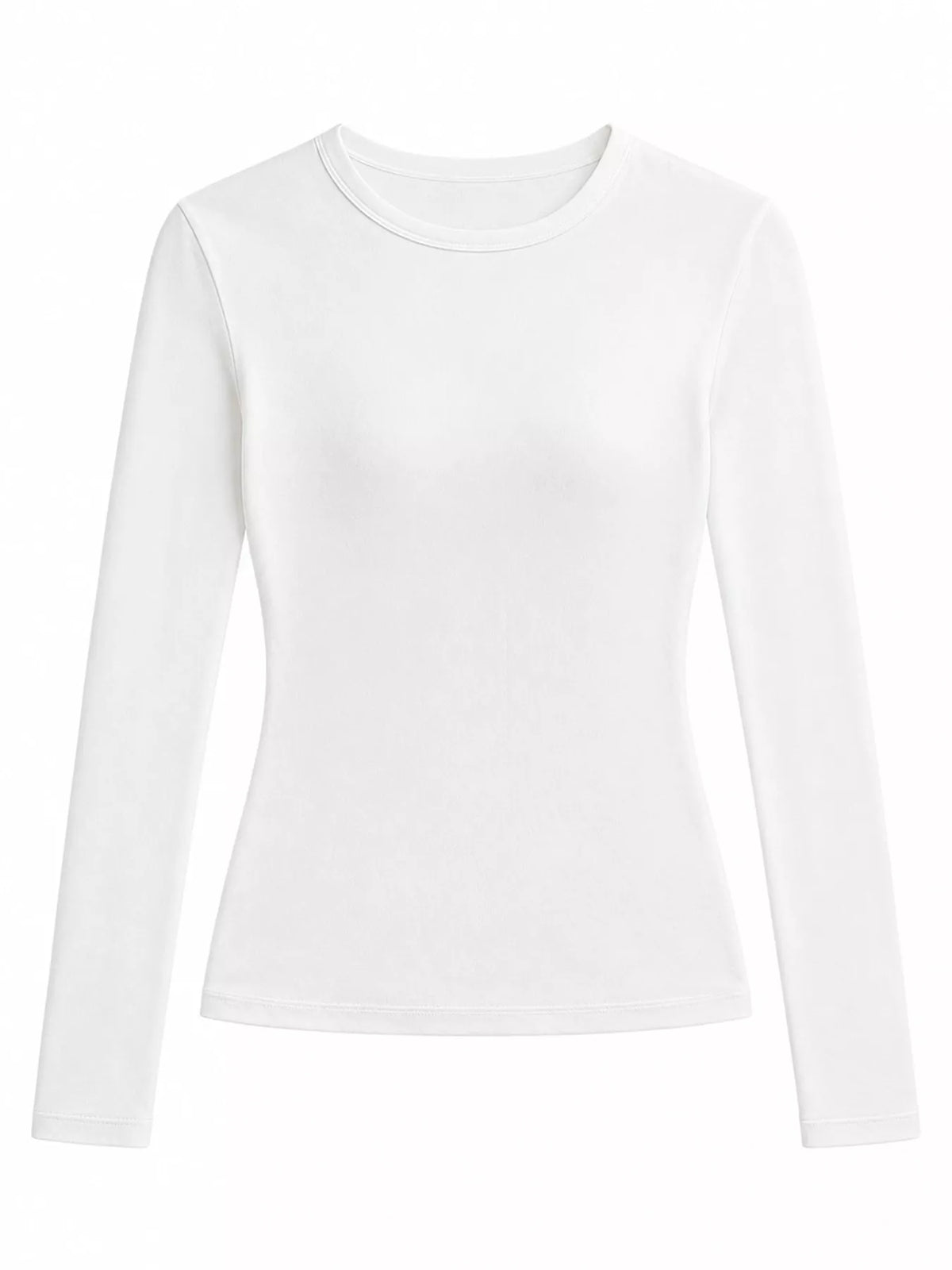 White slim-fit long sleeve crew neck T-shirt, front view with fitted waist
