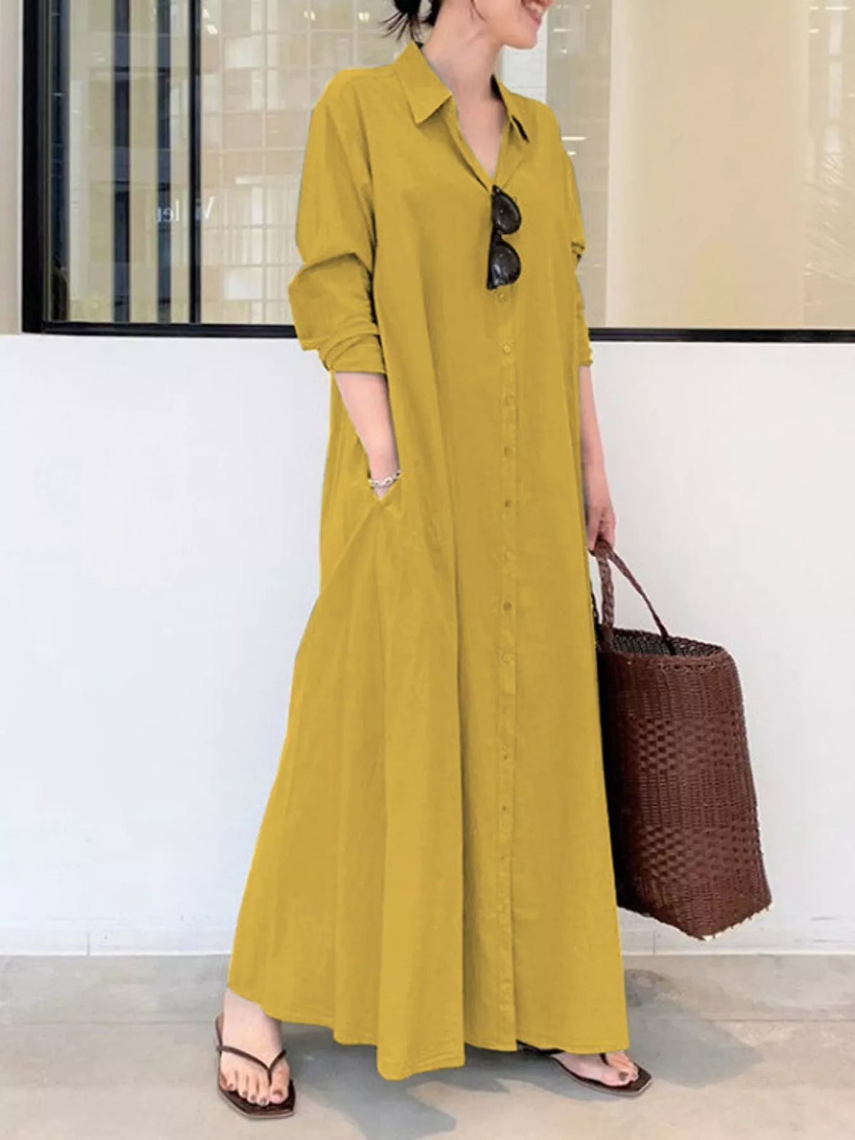Mustard yellow button-front long sleeve maxi shirt dress with V-neck collar