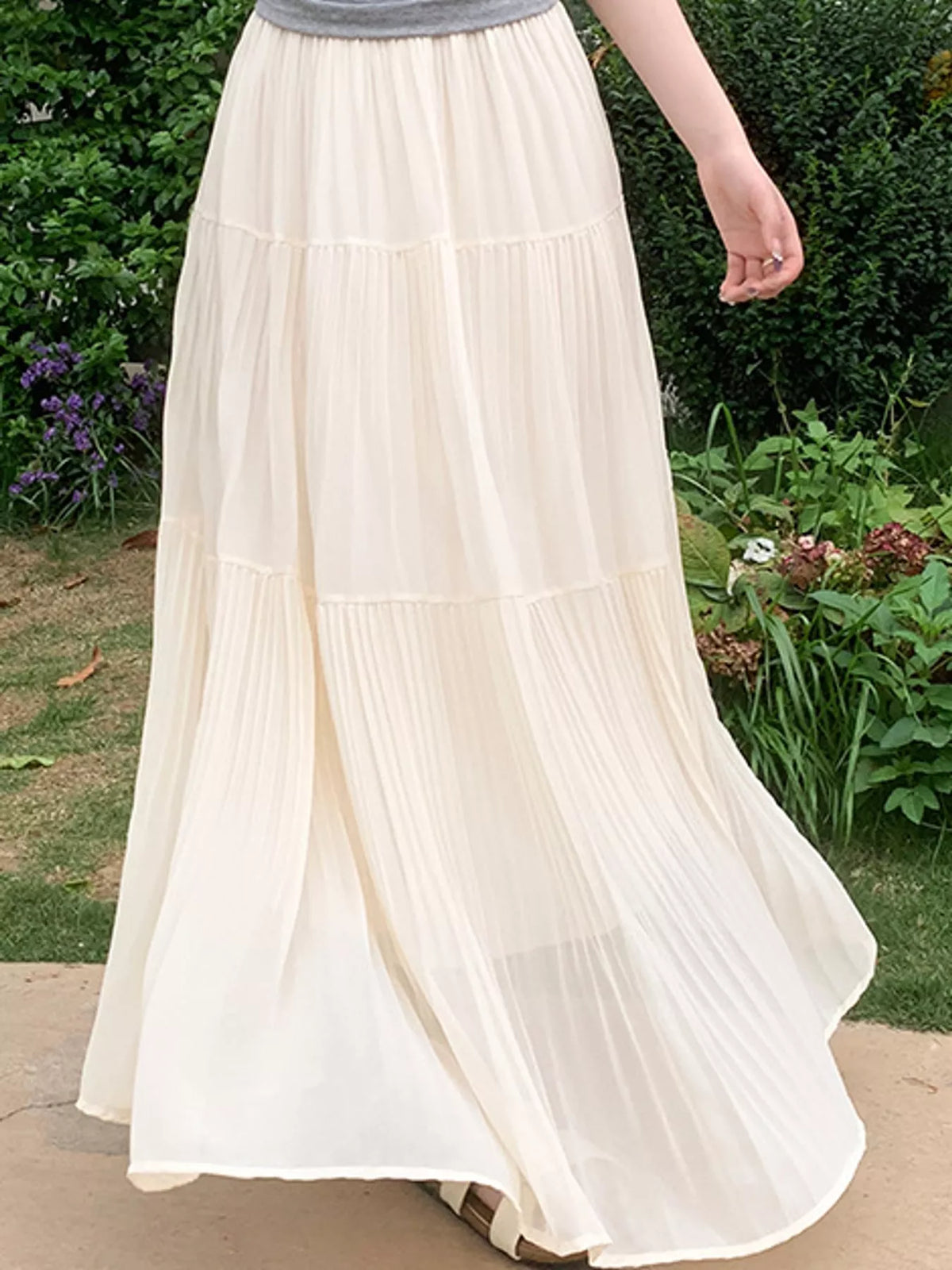 Cream tiered pleated maxi skirt with high elastic waistband