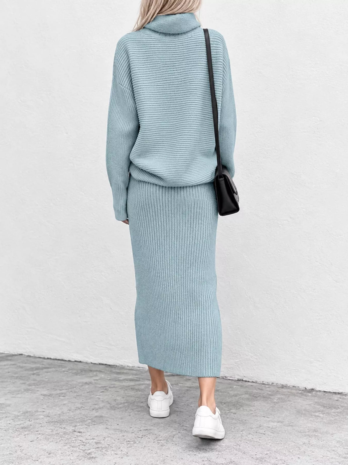 Light blue ribbed sweater and midi skirt set, shown from the back