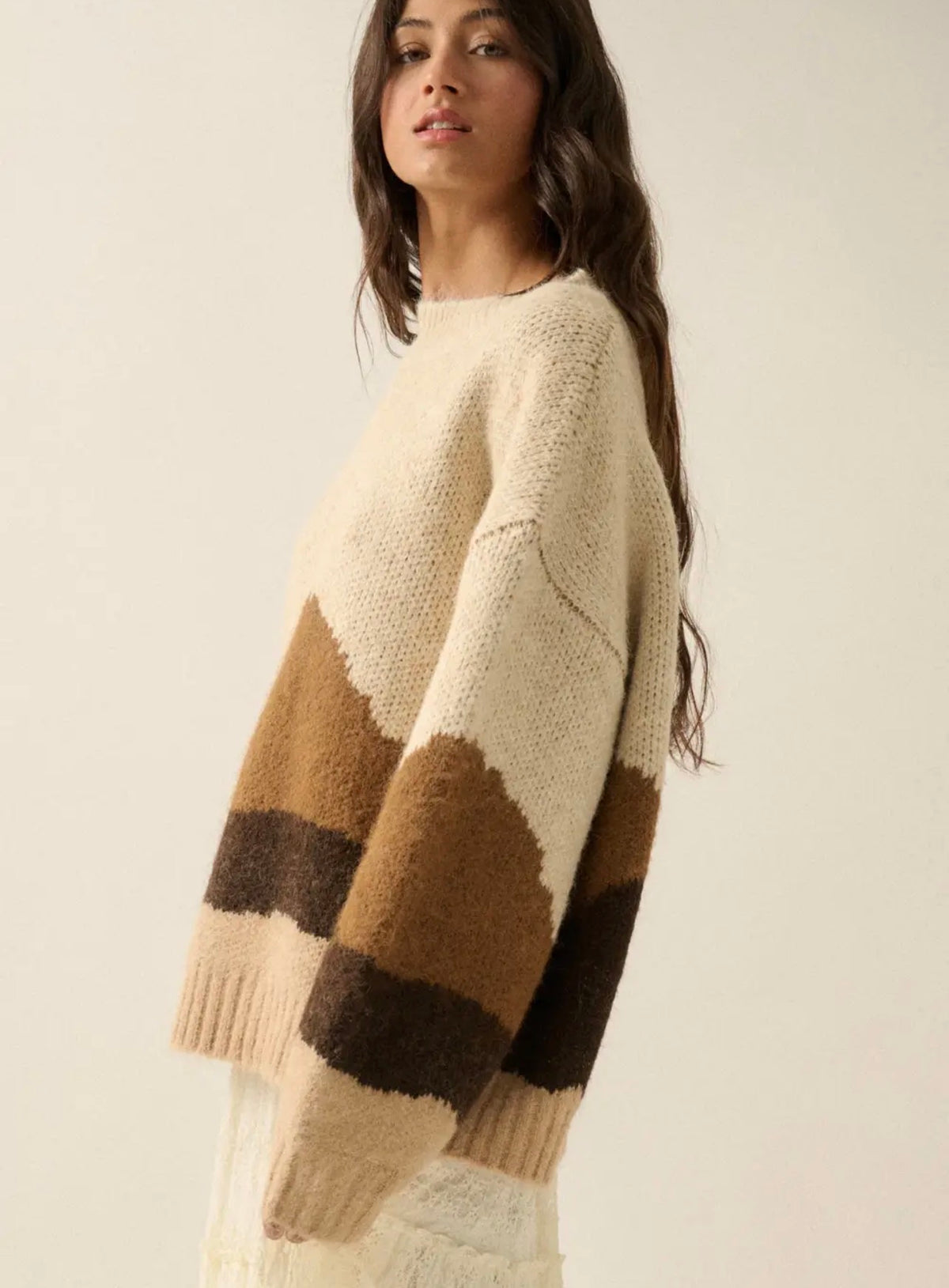 Women’s fuzzy crewneck sweater, cream with brown abstract mountain landscape