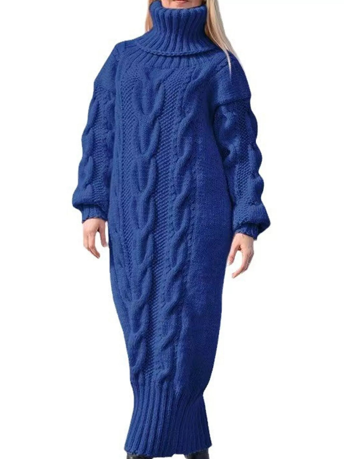 Chunky cable knit turtleneck sweater dress, royal blue, long sleeves, oversized silhouette