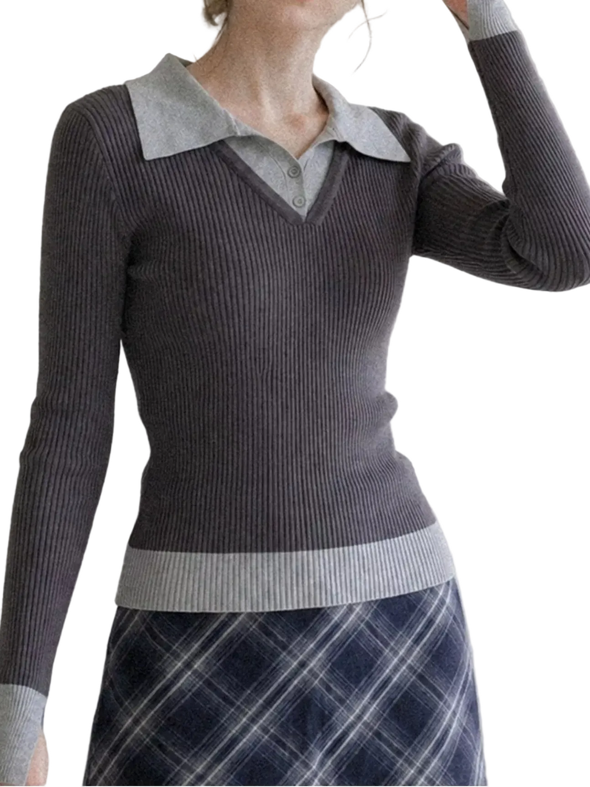 Charcoal ribbed knit top with gray collar, button placket, cuffs, and hem