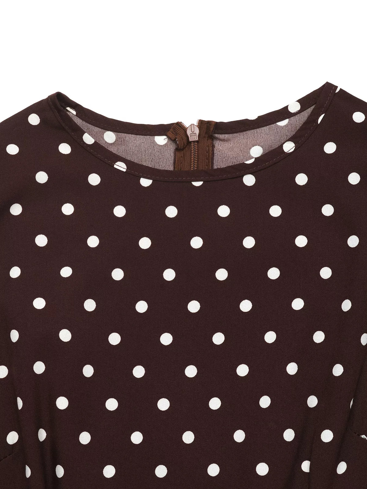 Close-up of coffee brown polka dot dress neckline with short keyhole placket