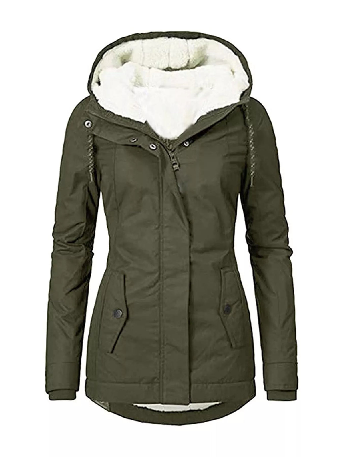 Olive green sherpa-lined hooded parka with snap front and two chest pockets