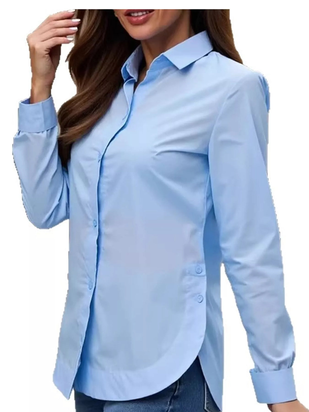 Light blue button-up long sleeve shirt with pointed collar and front buttons