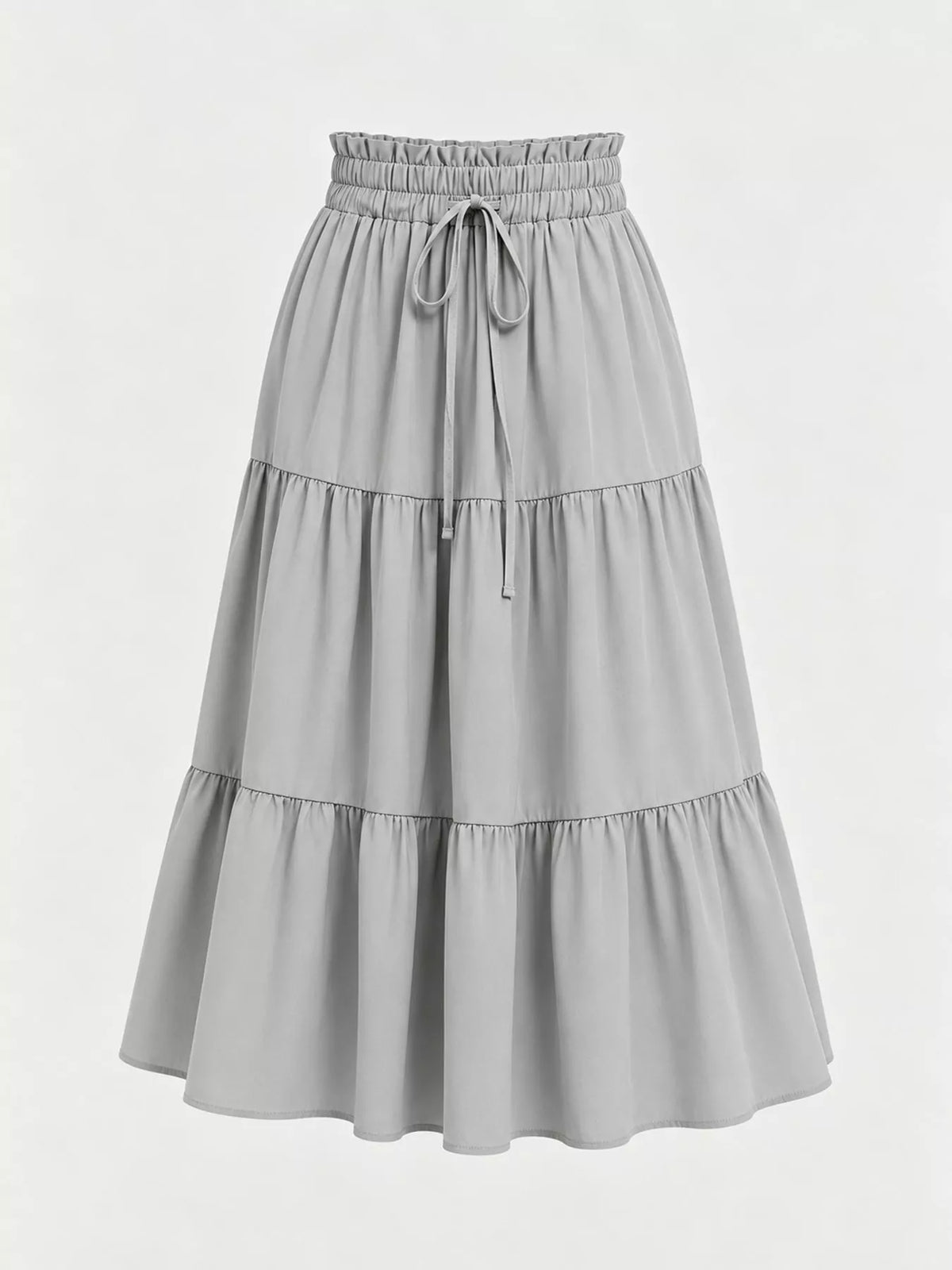 Light gray tiered midi skirt back view with elastic waist and drawstring bow