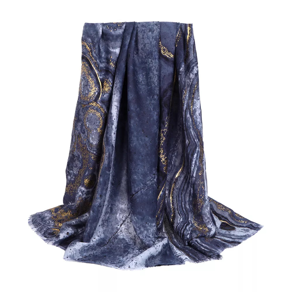 Navy marble print foil scarf with fringed hem