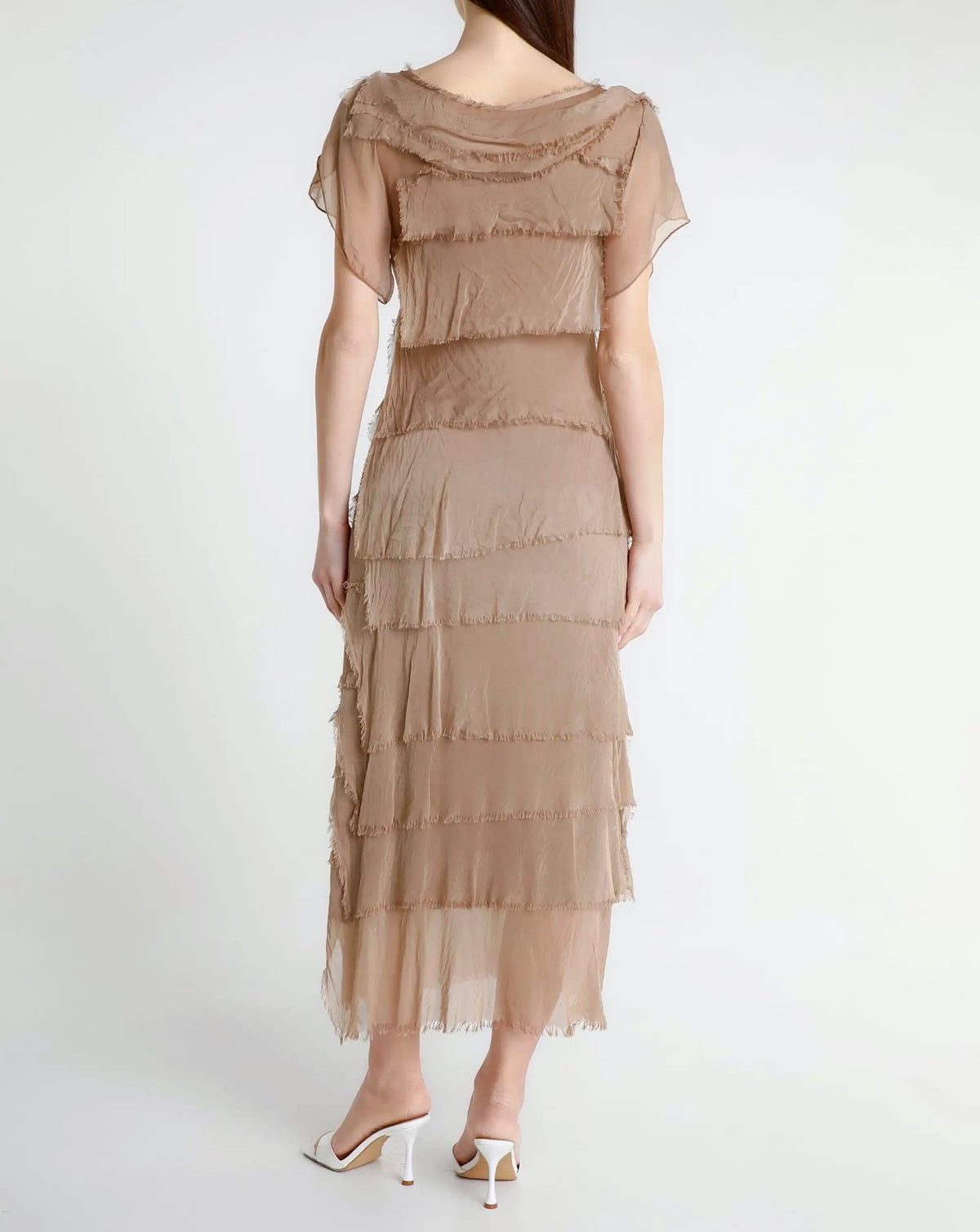 Beige silk ruffle tiered short-sleeve dress with layered fringe, back view