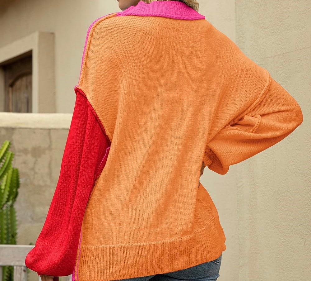 Color Block Round Neck Dropped Shoulder Sweater