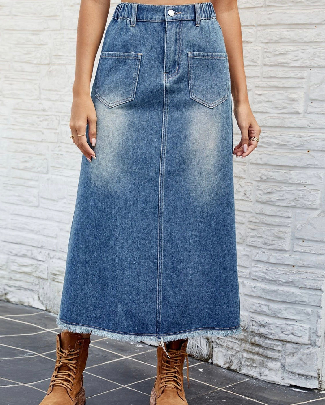 Raw Hem Buttoned Denim Skirt with Pockets