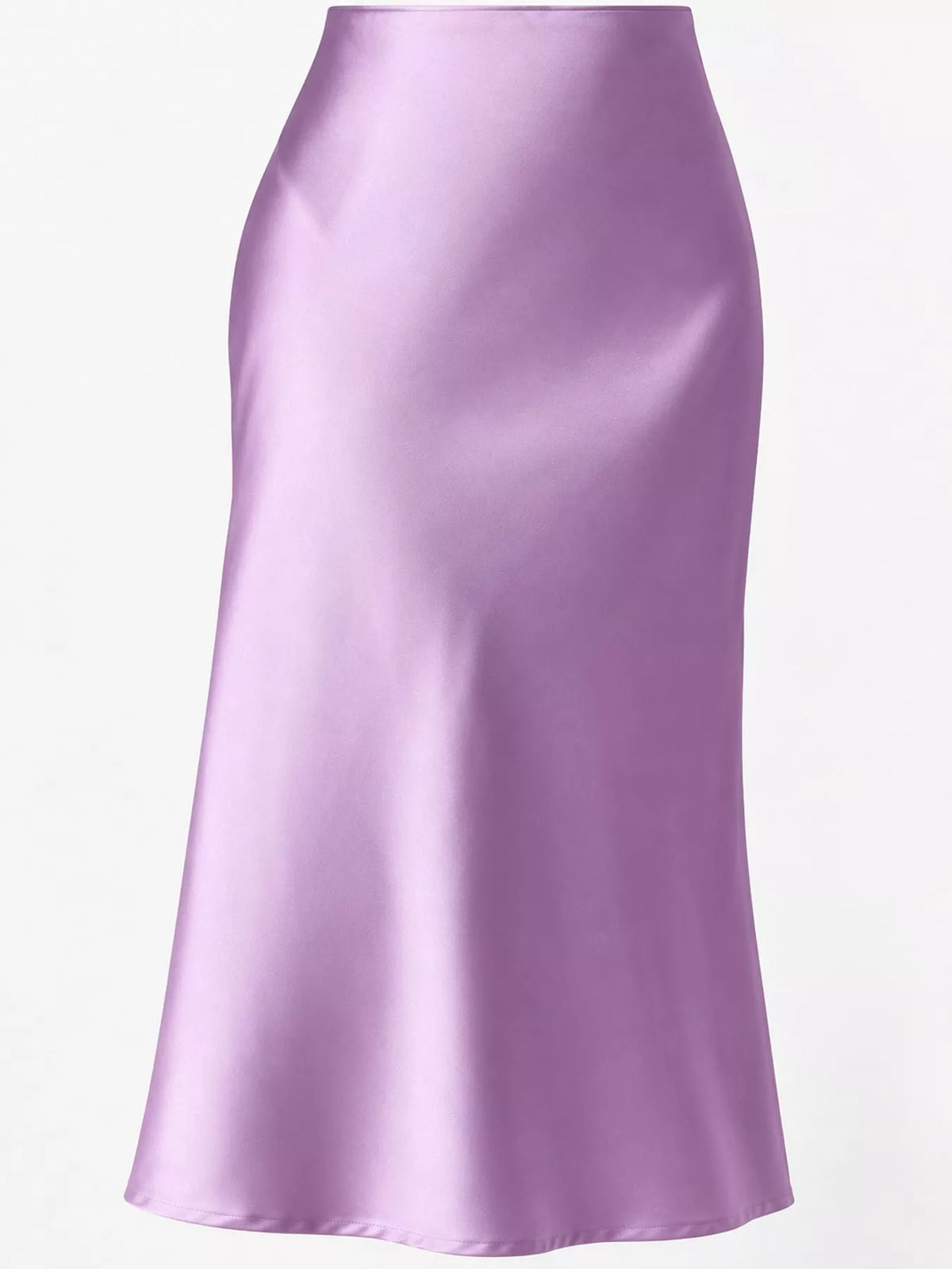 High-waisted satin midi skirt in lavender, A-line shape with smooth fall