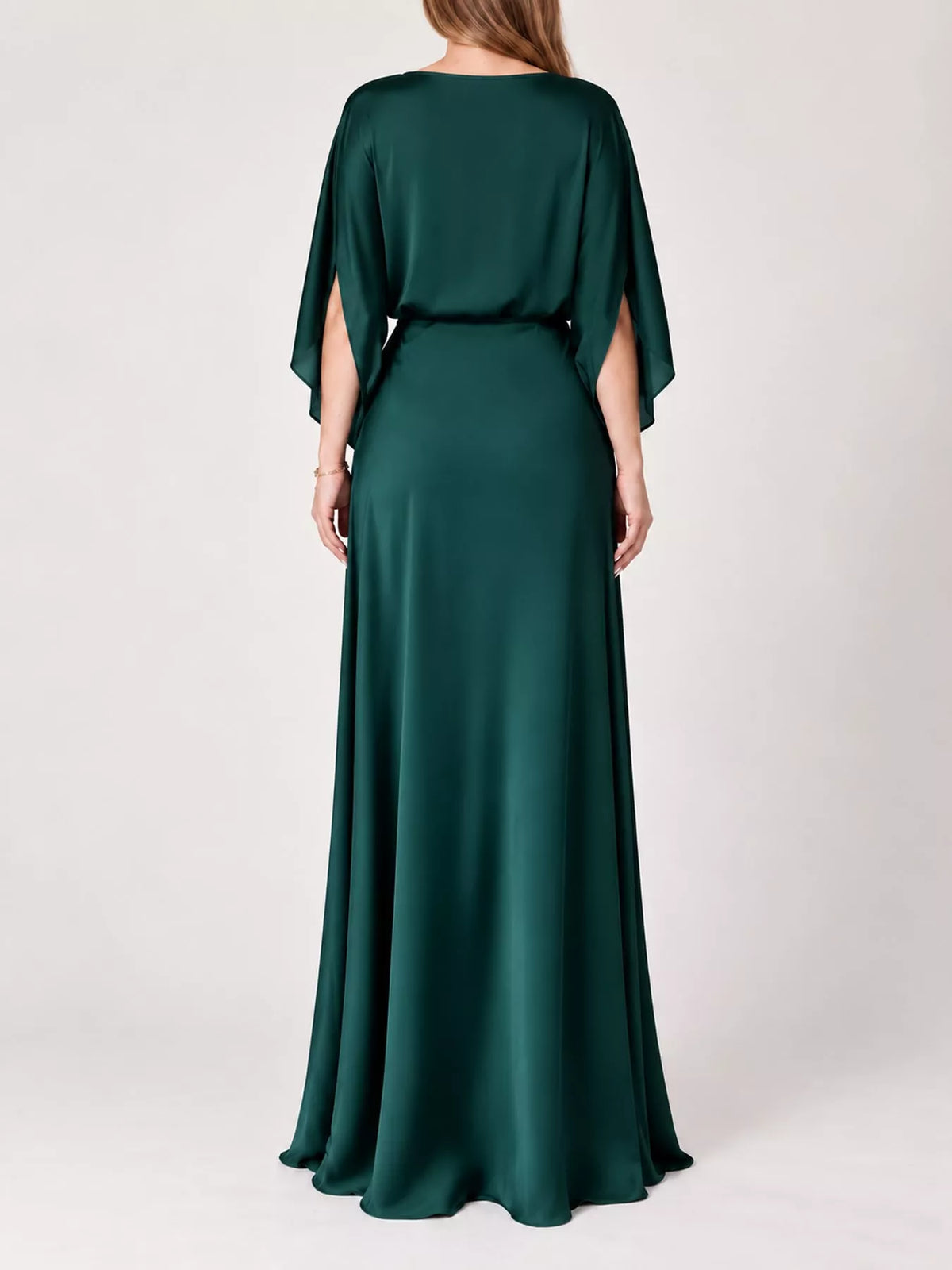 Dark green satin maxi dress, back view with draped neckline and three-quarter cape sleeves
