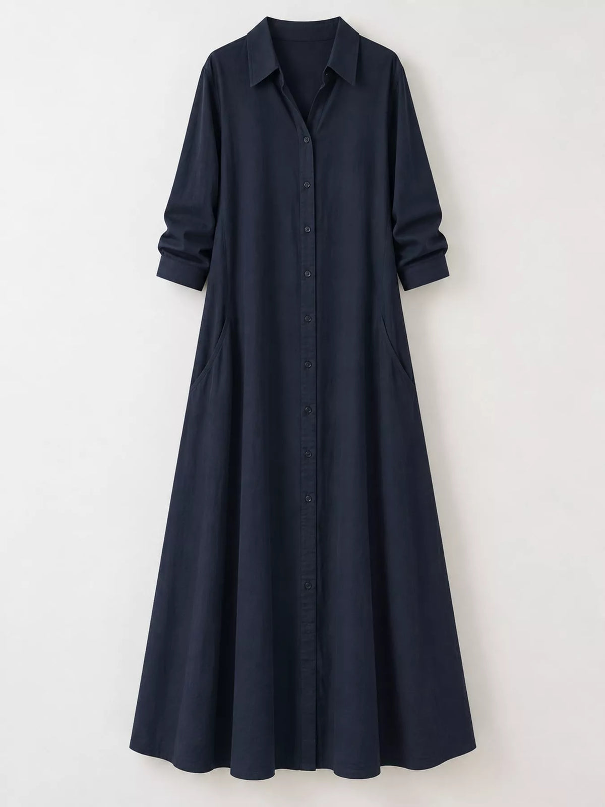 Navy button-front long-sleeve maxi shirt dress, pointed collar and cuffed sleeves