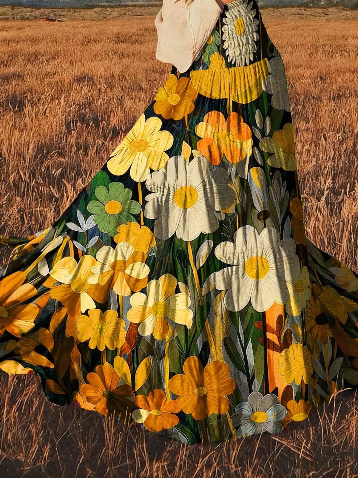 High-waisted maxi skirt with yellow and green floral print on dark fabric, tiered