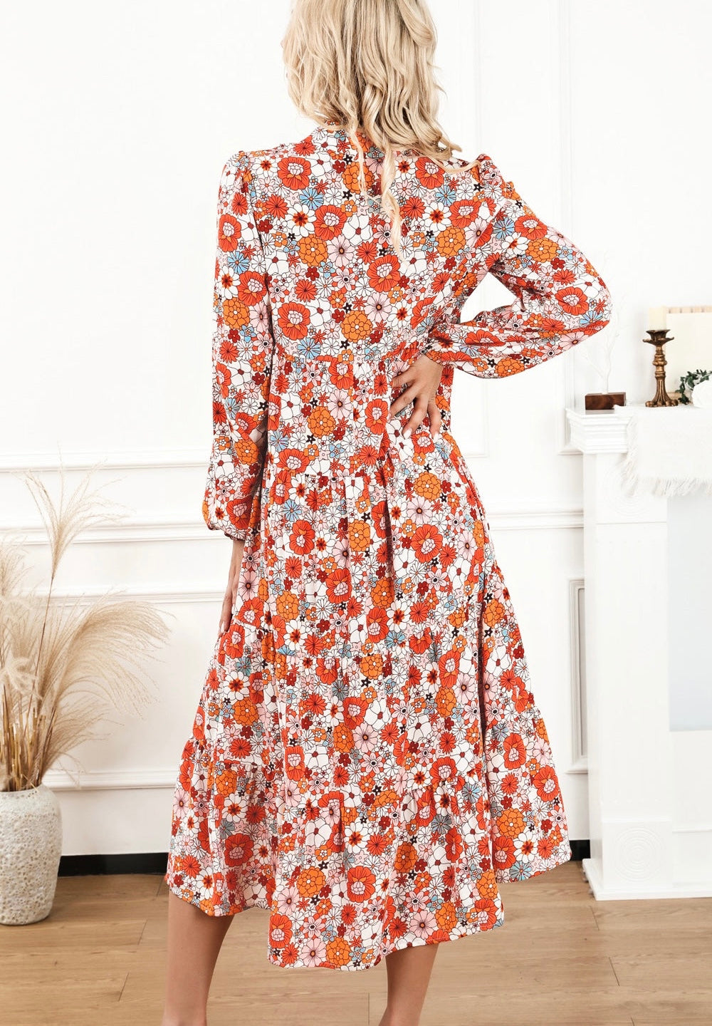 Floral Notched Neck Long Sleeve Dress