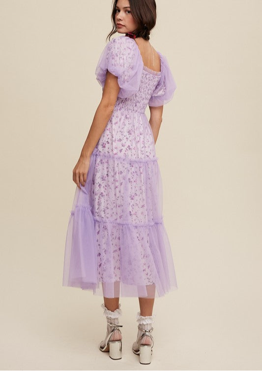 Floral Print and Mesh Puff Sleeve Maxi Dress