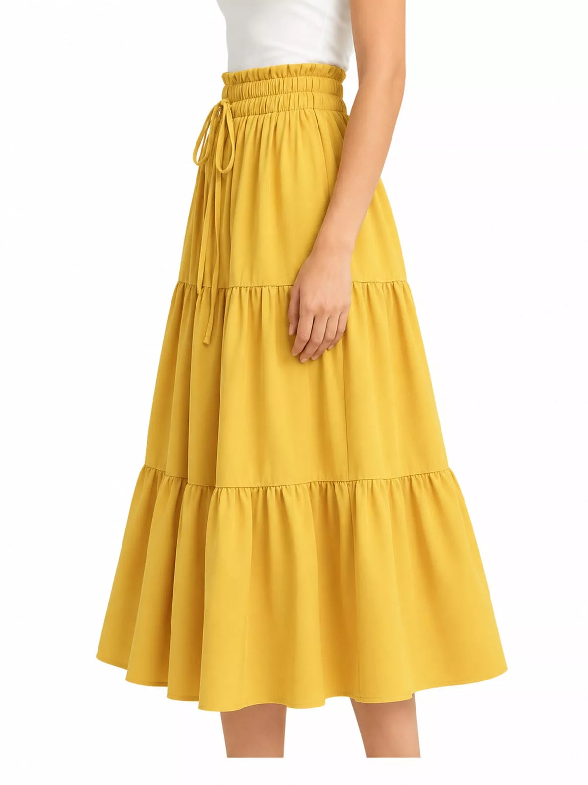 Yellow tiered midi skirt, elastic waist and tied drawstring, flowing tiered skirt panels.