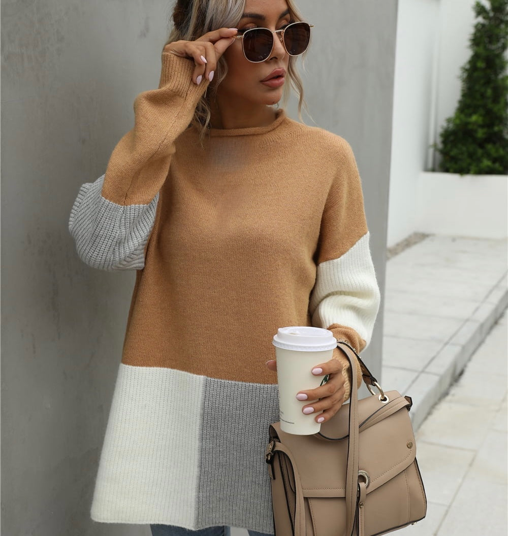 Color Block Round Neck Dropped Shoulder Sweater