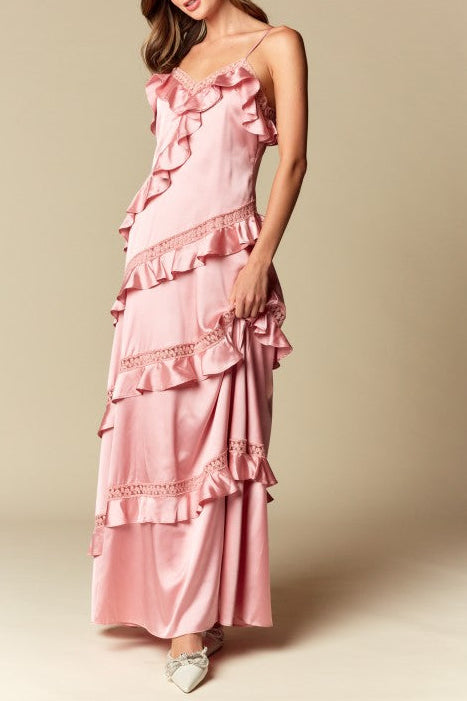 RUFFLE LACE TRIM SATIN MAXI DRESS