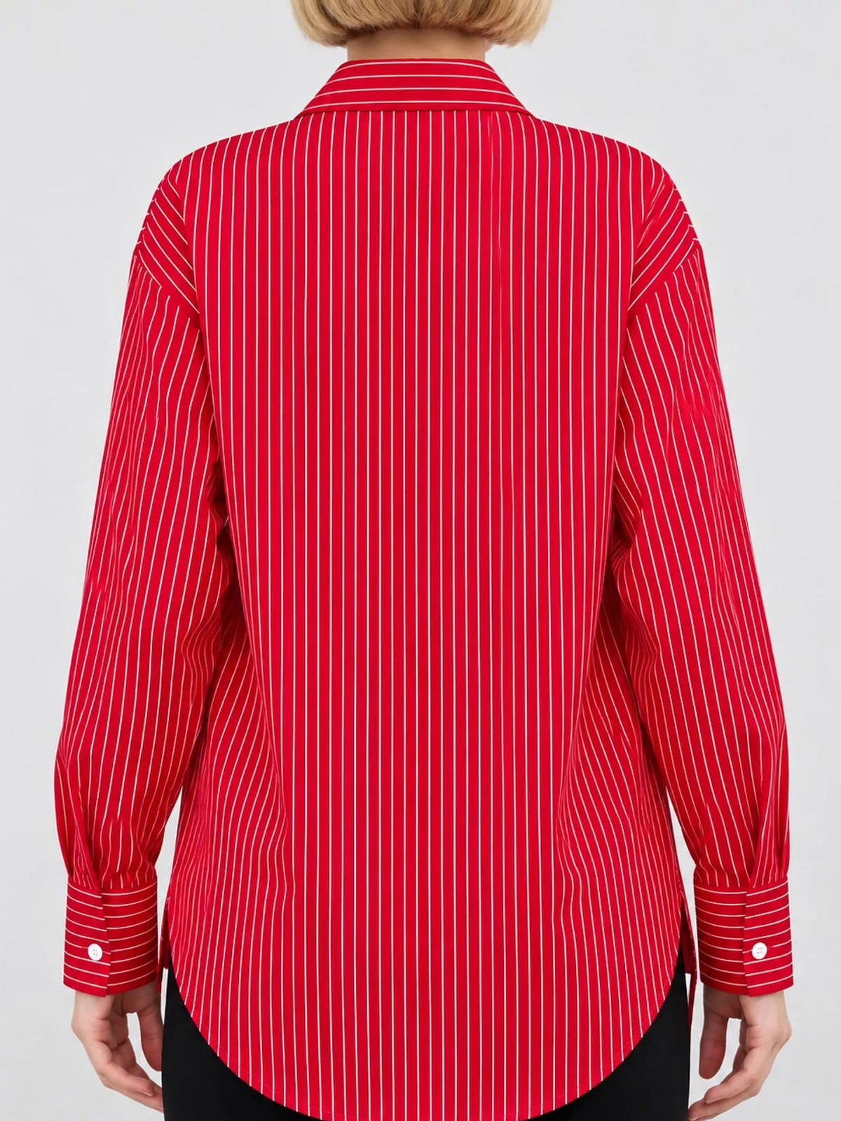 Red and white striped long-sleeve button-up shirt, back view