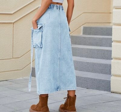 Slit Pocketed High Waist Denim Skirt