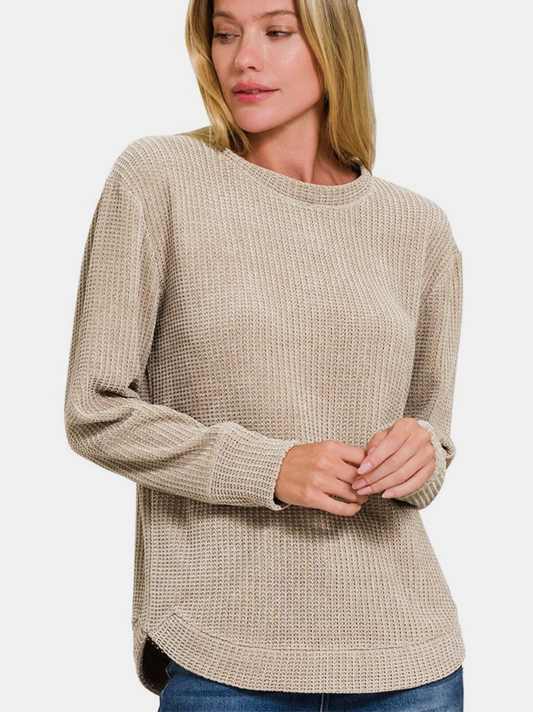 Zenana Chenille Waffle Round Neck Sweater