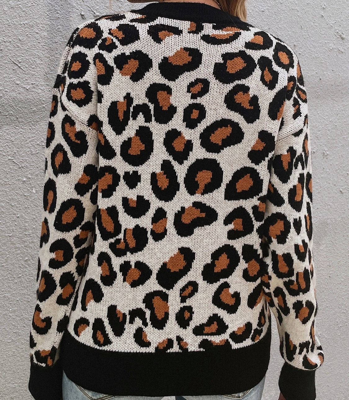 Leopard Round Neck Dropped Shoulder Sweater